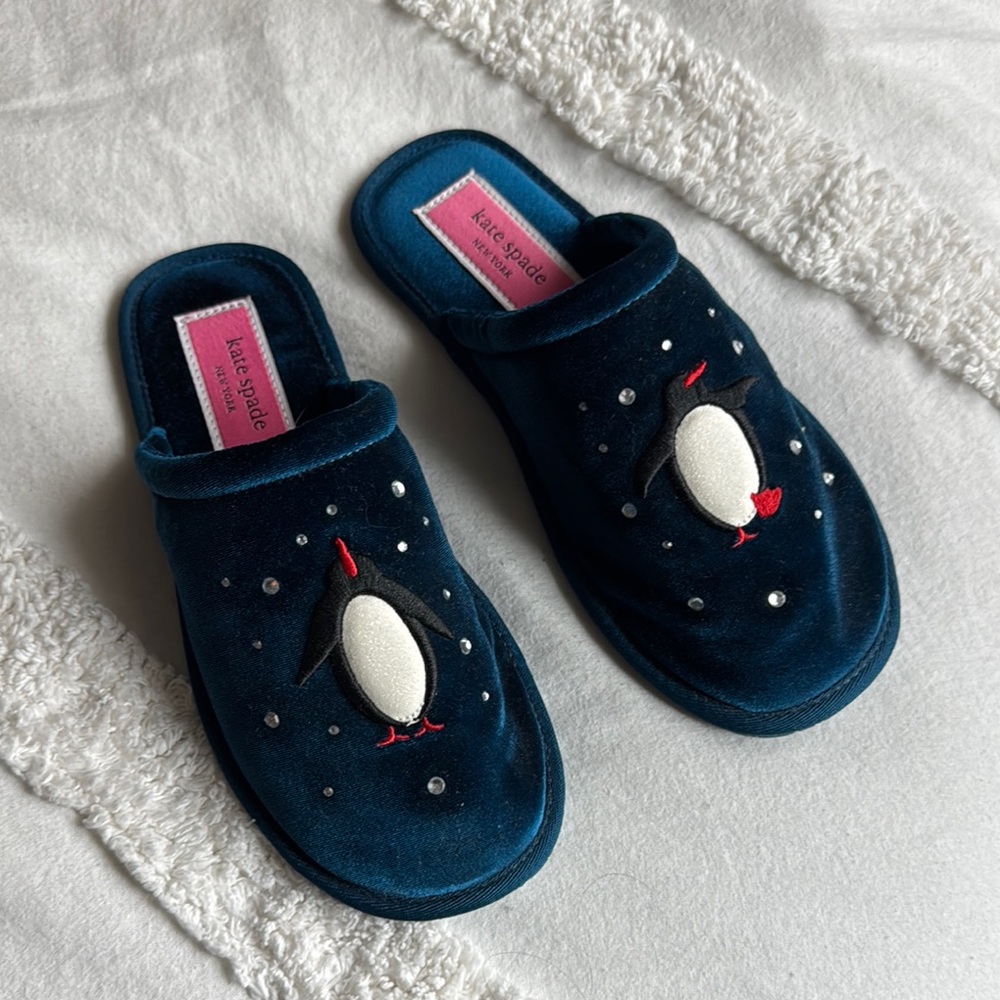 Kate Spade Blue Velvet Jolie Winter Penguin Slippers